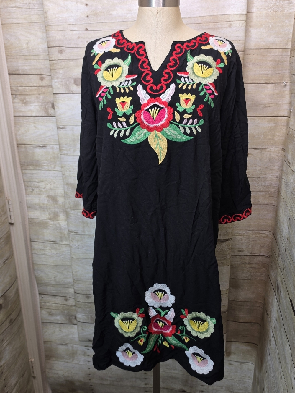 Black Embroidered Floral Tunic with V-Neck